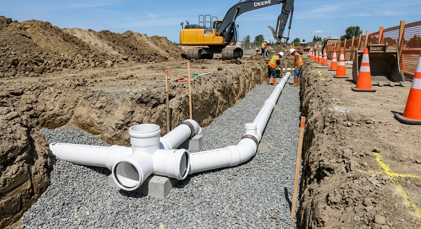 New PVC sewer pipe installation in open trench for Commercial Drain Cleaning in Marbletown