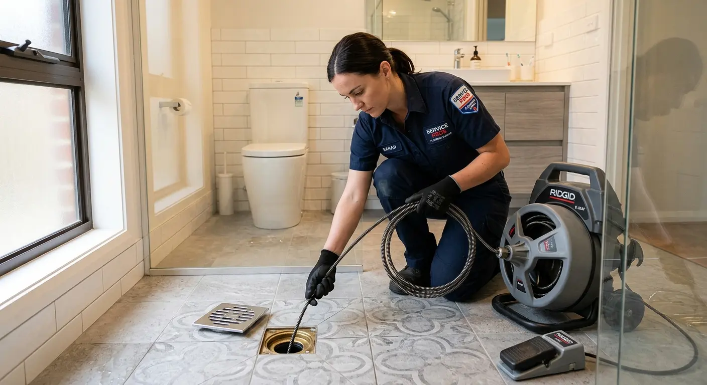 Technician clearing a bathroom floor drain for Clogged Drain Repair in Marbletown